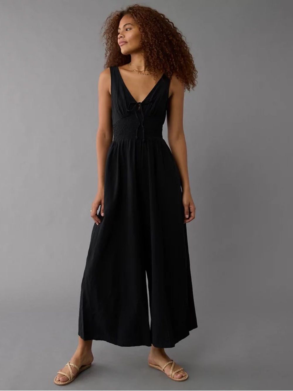 American Eagle Smocked V-Neck Wide Leg Black Jumpsuit